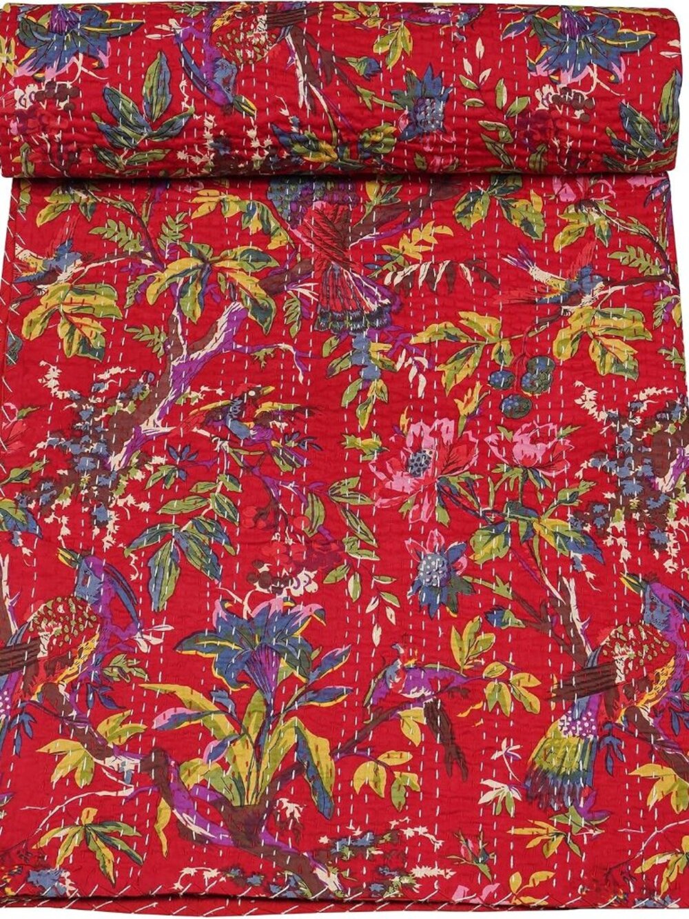 Indian Handmade Stitched Pure Cotton Bohemian Bird Print Kantha Quilt Red, Twin